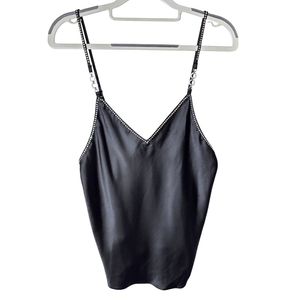 Victoria's Secret Y2K Cami Top Womens M Black Rhinestone Satin Draped Back Glam